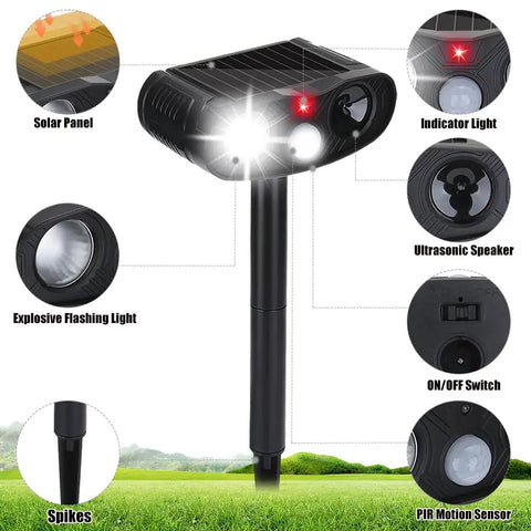 Outdoor Ultrasonic Deer Repellent Device With PIR Motion Sensor And LED Strobe 2 Pack Dual Deterrent For Yards And Gardens That Keeps Deer Away With Loud Ultrasonic Waves And Bright Flash, solar panel and spike