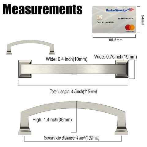 Brushed Satin Nickel Cabinet Pulls 4 Inch 102mm Hole Center Kitchen Cabinet Handles measurements showing length and width details