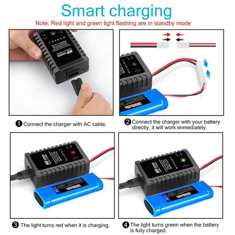 Guide for using Smart 2-8S NiMH NiCd Battery Charger for RC cars, boats, drones, showing connection and charging process.