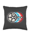 4th Of July Bicycle Throw Pillow For Bikepacking Enthusiasts with Free 2 Ride gear style and distressed flag print on black cushion.