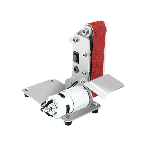Compact Electric Mini Belt Sander Bench Polisher With Adjustable Speed For Metal Woodwork showing motor and sanding belt on base.