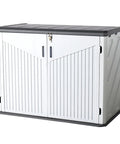 Outdoor Resin Storage Cabinet With 35 Cu Ft Capacity Waterproof Horizontal Shed for Garbage Bin, Generator, and Lawn Mower in White.
