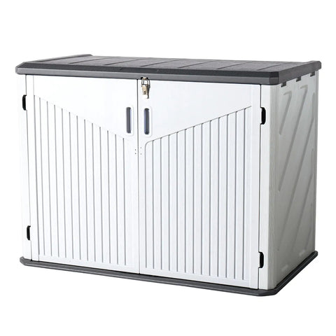 Outdoor Resin Storage Cabinet With 35 Cu Ft Capacity Waterproof Horizontal Shed for Garbage Bin, Generator, and Lawn Mower in White.
