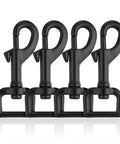 Top Tier Hella Sturdy Black Swivel Eye Bolt Snap Hooks And Heavy Duty Dog Leash Clips With Rust Resistant Zinc Alloy Build For Secure Pet Walking Gear Four Pack, showing four black snap hooks.