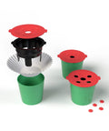 Reusable Keurig K Cup Pods For Rich Flavor And Easy Brew Works With 1.0 2.0 And K Supreme Multi Stream Eco Friendly K Cup Alternative Save Cash Made In USA Includes Six Pods And 180 Filters, shown with green cups and red lids.