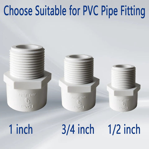 Three PVC pipe fitting adapters in 1 inch, 3/4 inch, and 1/2 inch sizes on a reflective surface