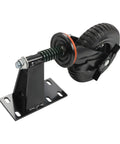 Heavy Duty Gate Caster Wheels With Adjustable Side Brake Built Tough Rolling Gate Hardware Smooth Riding 8 Inch Heavy Lifter Swivel Rollers For Tilt Resistant Fences Pack Of Two close-up view of 8 inch swivel caster with black frame and rubber tire.