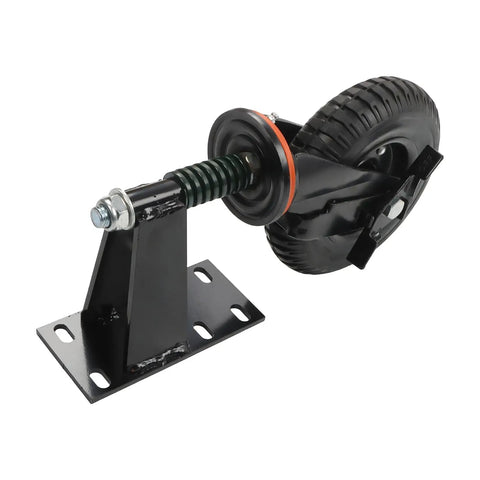 Heavy Duty Gate Caster Wheels With Adjustable Side Brake Built Tough Rolling Gate Hardware Smooth Riding 8 Inch Heavy Lifter Swivel Rollers For Tilt Resistant Fences Pack Of Two close-up view of 8 inch swivel caster with black frame and rubber tire.