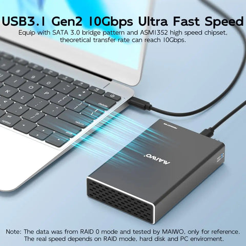 Dual Bay Hard Drive Raid Enclosure For 2.5 Inch SATA SSD And HDD Featuring USB 3.1 Gen 2 10Gbps connected to a laptop.