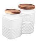 Two Pack Glass Storage Jars With Secure Airtight Lids For Coffee Beans And Dry Goods Keeps Your Stash Locked Down Tight, decorative white glass canisters with wooden lids.