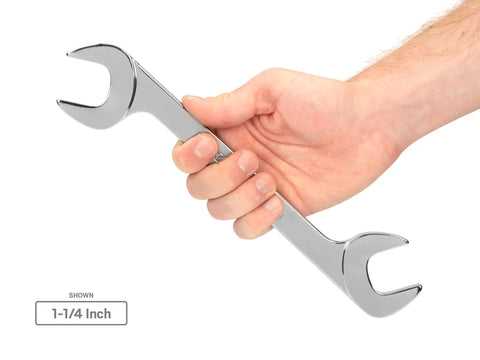Hand holding 1-1/4 inch Angle Head Open End Wrench Set, Four Piece 1-1/16 To 1-1/4 Inch Wrenches, 30/60 Degree Angles For Tight Spots, Heavy Duty Build With Easy Access In Confined Spaces, Made In USA.