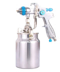 Professional HVLP Siphon Feed Spray Gun With 1000cc Non Drip Cup One Point Seven Millimeter Nozzle Fully Adjustable Fluid Pattern And Air Controls Wide Fan Pattern Easy Maintenance Pro Grade Coating For Slick Showroom Ready Finishes featuring stainless steel cup.