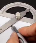 Heavy Duty Stainless Steel Angle Protractor Dead On Accuracy 0 To 180 Degrees Round Head Bevel Gauge measuring on paper.