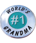 Worlds Best Grandma Golf Ball Marker For Putting Green, 1 inch wide with turquoise center and enamel finish, premium metal.