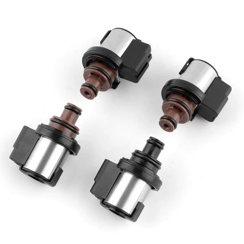 TR580 Lock-Up Solenoid Kit For Subaru CVT Crosstrek And Forester Includes Replacement Part Numbers TR690 31825AA050 31825AA051 31825AA052 31706AA030 31706AA0 A Simple DIY Fix For Your Ride. four Subaru CVT lock-up solenoid valves on white background