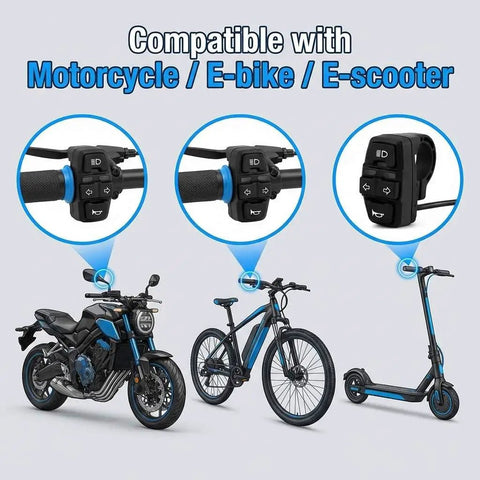 Ride Ready All In One 3 In 1 Motorcycle Handlebar Control Switch on 22mm handlebars for bikes and scooters, showing compatibility.