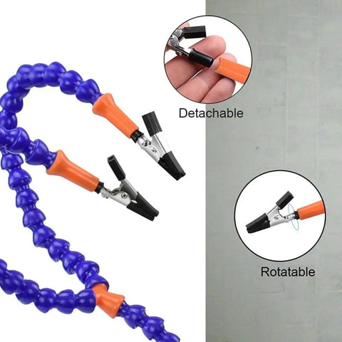 Adjustable Soldering Helping Hands Tool with 360 degree rotating clips, featuring bendable arms and heat-resistant detachable clips.