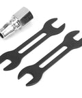 Built Like A Tank Air Micro Die Grinder With Triple Bearing Shaft And Pure Copper Motor Providing Ridiculous 60000 Rpm Spin For Heavy Duty Grinding and Precision Metalworking Shop Projects accessory tools including two wrenches and a connector.