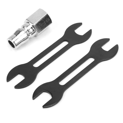 Built Like A Tank Air Micro Die Grinder With Triple Bearing Shaft And Pure Copper Motor Providing Ridiculous 60000 Rpm Spin For Heavy Duty Grinding and Precision Metalworking Shop Projects accessory tools including two wrenches and a connector.