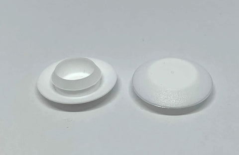 Front view of One Half Inch White Plastic Flush Hole Plugs With Snap In Head For Sheet Metal Holes in low-profile design on white surface.