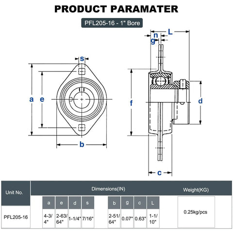 Technical drawing of Two Pack 1 Inch Bore Pillow Block Bearings With Flange Mounted Housing Built To Last in premium pressed steel.