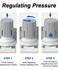 Front view of AirZOE 1/4 in NPT air pressure regulator knob; three-step illustration showing lift, rotate, and lock.