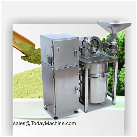 Spice And Herb Powder Grinding Crusher Machine With Dust Collector For Dry Spices Like Ginger Red Chili And Icing Sugar Heavy Duty Industrial Pulverizer shown in stainless steel with funnel.