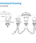 Dimensional drawing of 3-Hole 8 Inch Widespread Brushed Nickel Bathroom Faucet With Waterfall Spout, showing measurements and hoses.