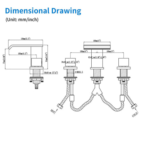Dimensional drawing of 3-Hole 8 Inch Widespread Brushed Nickel Bathroom Faucet With Waterfall Spout, showing measurements and hoses.