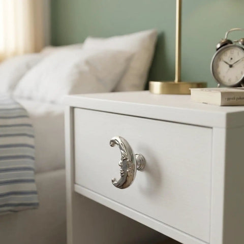 Four Piece Crescent Moon Cabinet Knobs Vintage Retro Drawer Pulls With Moody Carved Faces For Gothic Boho Kitchen And Vanity Hardware on white nightstand.