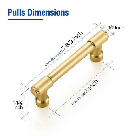 Pro Grade Brushed Gold Cabinet Handles And Sleek Modern Pulls With A Straightforward Three Inch Hole Center Spacing Heavy Duty Zinc Frame For No Fuss Installation And Sharp Home Refresh Smooth Glide Two Pack dimensions showing overall length 3-8/9 inch.