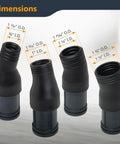 Close-up of vacuum hose quick change adapters with dimensions for 16 Foot Vacuum Hose Kit With Quick Change Adapters And Threaded Coupler For Dust Collection System Perfect For Connecting Table Saws Power Tools And Shop Vacuums To Your Dust Collector