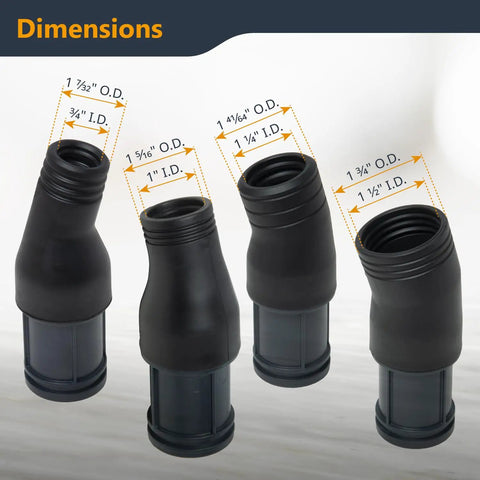 Close-up of vacuum hose quick change adapters with dimensions for 16 Foot Vacuum Hose Kit With Quick Change Adapters And Threaded Coupler For Dust Collection System Perfect For Connecting Table Saws Power Tools And Shop Vacuums To Your Dust Collector