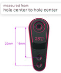 Beefy Aluminum Servo Horn 25T Steering Arm Upgrade For Standard Servos Compatible With Traxxas TRX4 Axial SCX10 II SCX10 And Tamiya One Tenth RC Crawlers M3 Threads 25T Spline Durable Black Red Finish showing measurement from hole center to hole center at 18mm and 22mm.