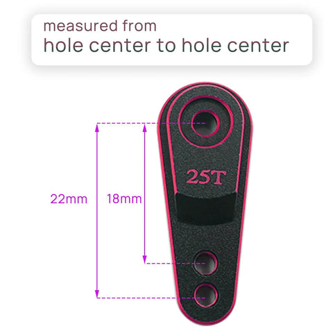 Beefy Aluminum Servo Horn 25T Steering Arm Upgrade For Standard Servos Compatible With Traxxas TRX4 Axial SCX10 II SCX10 And Tamiya One Tenth RC Crawlers M3 Threads 25T Spline Durable Black Red Finish showing measurement from hole center to hole center at 18mm and 22mm.