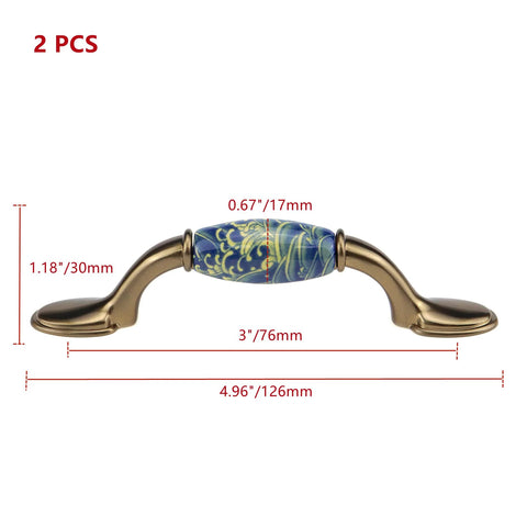 2 Pack Ceramic Cabinet Pulls With Brushed Brass Finish And Vintage Sea Wave Pattern, Zinc Alloy Core, 3 Inch Center To Center