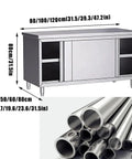 Bulletproof Stainless Steel Prep Table Featuring Sliding Door Storage Cabinet Nsf Certified Commercial Kitchen Workbench 71 By 31 Inches shown with dimensions and steel tubing.