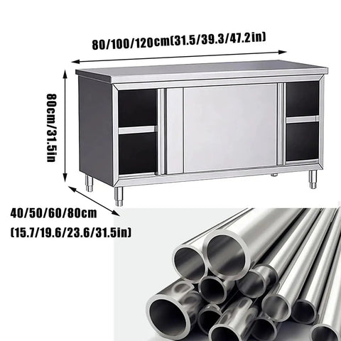 Bulletproof Stainless Steel Prep Table Featuring Sliding Door Storage Cabinet Nsf Certified Commercial Kitchen Workbench 71 By 31 Inches shown with dimensions and steel tubing.