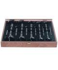 Pro Grade Dope Forstner Bit Set High Speed Steel For Woodworking, 16 Pc, in wooden case showing full 1/4 to 2-1/8 inch range