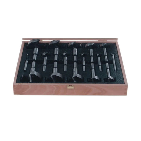 Pro Grade Dope Forstner Bit Set High Speed Steel For Woodworking, 16 Pc, in wooden case showing full 1/4 to 2-1/8 inch range