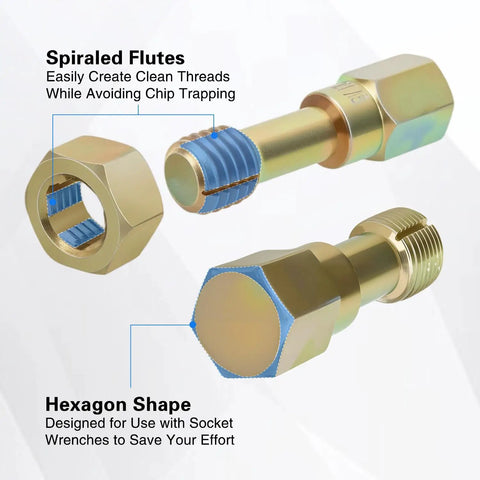 Close-up view of hexagon-shaped, spiraled flutes from Beefy 15 Piece Metric Thread Chaser Set Master Thread Repair Kit With Case Includes 7 Taps 7 Dies And 1 Thread File For M6 M8 M10 M12 Automotive Tool For Mechanics Auto Shops Home Garage And Mobile Repair.