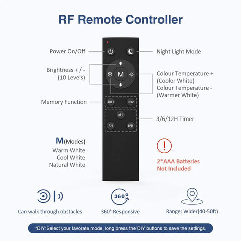 Remote for 26Ft Dimmable 24V LED Strip Lights With Remote Tunable White 3000K-6500K showing controls and functions