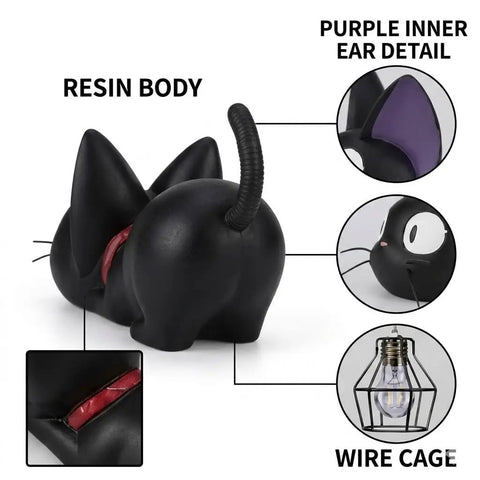 Resin black cat lamp with purple ear detail, showing wire cage, part of Kiki Jiji Cat Lamp Resin Night Light For Anime Fans.