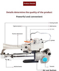 Portable Pneumatic Baler For Steel And Plastic Strapping Lightweight Warehouse Packing Machine With Kickass Alloy Durability and Simple Two Button Operation No Sweat Setup Gets The Work Finished Fast showing detailed controls including tighten button and air inlet.