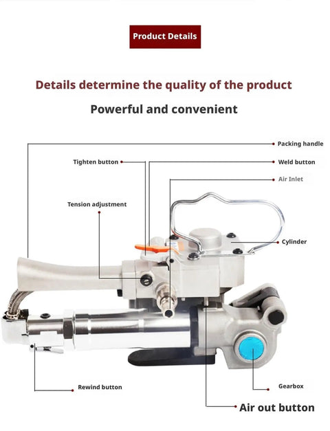 Portable Pneumatic Baler For Steel And Plastic Strapping Lightweight Warehouse Packing Machine With Kickass Alloy Durability and Simple Two Button Operation No Sweat Setup Gets The Work Finished Fast showing detailed controls including tighten button and air inlet.