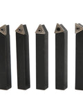 Five Piece Three Eighths Inch Indexable Turning Tool Set with cemented carbide and nickel coating, includes 60 75 90 degree tools.