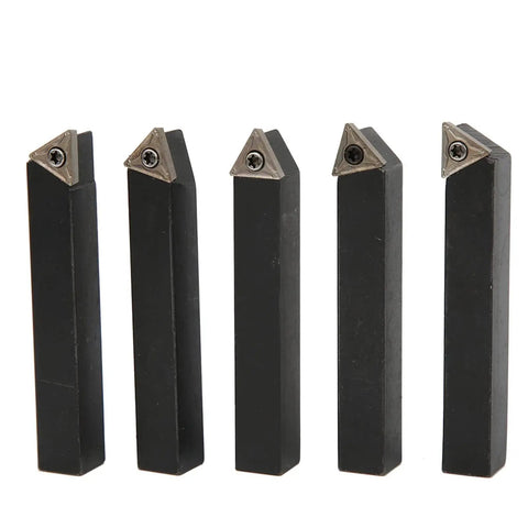 Five Piece Three Eighths Inch Indexable Turning Tool Set with cemented carbide and nickel coating, includes 60 75 90 degree tools.