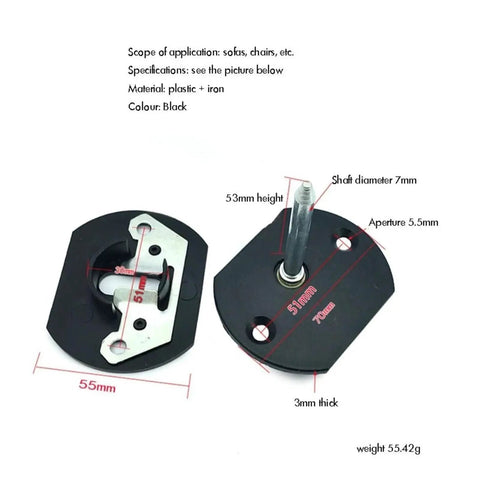 Universal Sectional Couch Connectors 6 Piece Set showing black interlocking clips 55mm size, plastic and iron material, for fixing sofas.