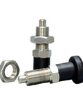 Heavy Duty Stainless Steel 304 Self Locking Knob Plunger With Quick Release Pull Ring And Dead Tight Nut Screw For Rock Solid Industrial Mounting And Indexing M10 M12 M16 M20 with nut and smooth finish.