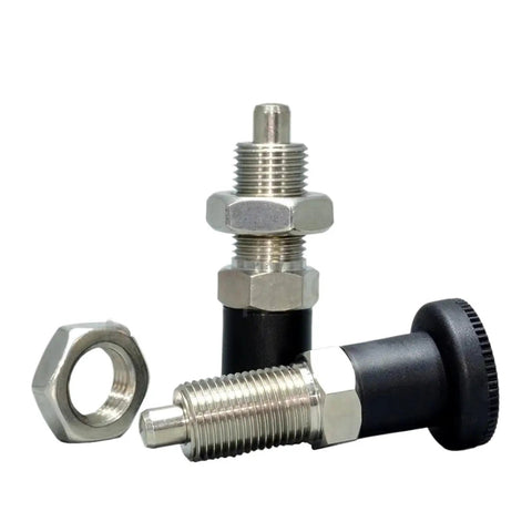 Heavy Duty Stainless Steel 304 Self Locking Knob Plunger With Quick Release Pull Ring And Dead Tight Nut Screw For Rock Solid Industrial Mounting And Indexing M10 M12 M16 M20 with nut and smooth finish.